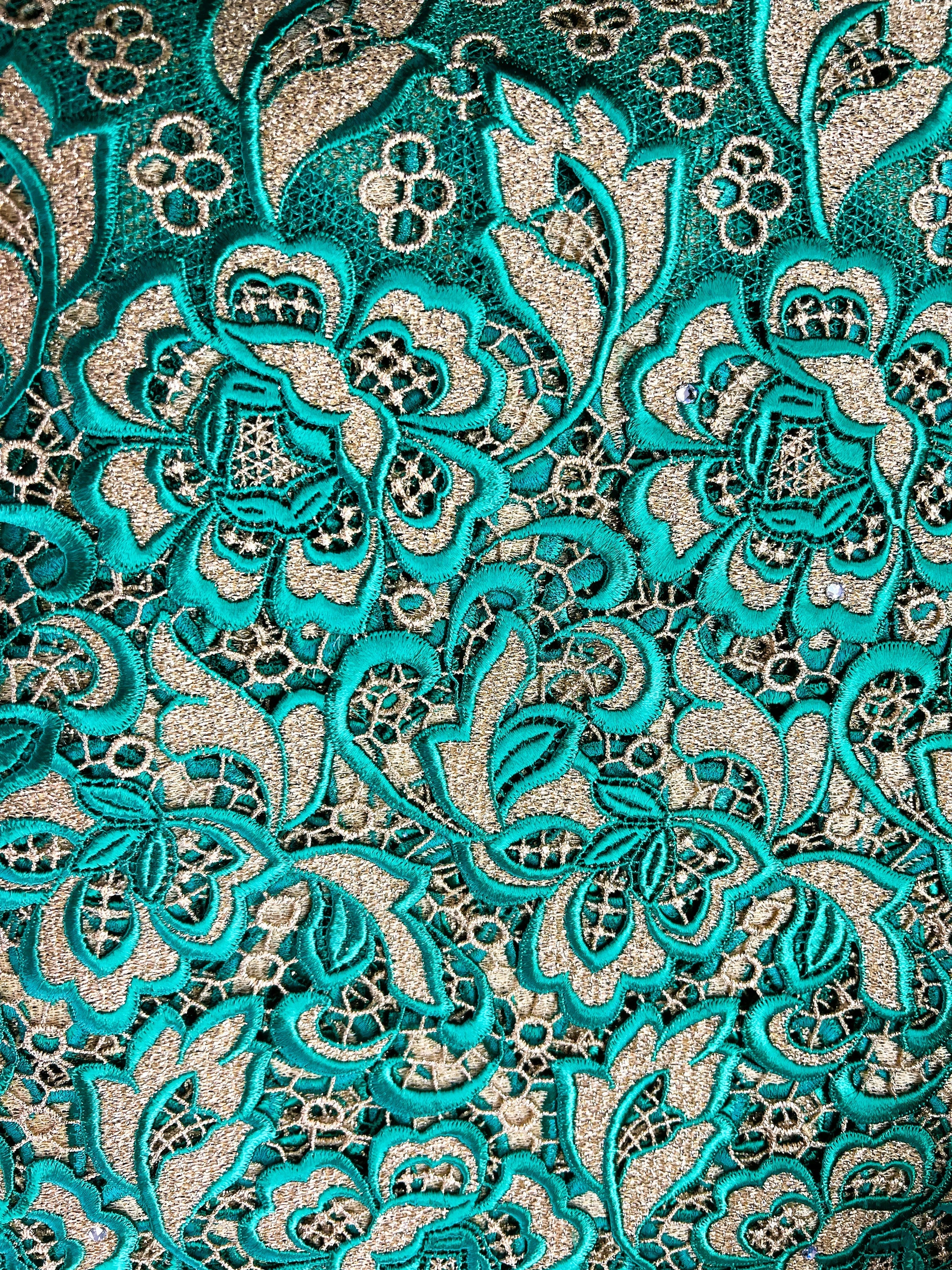 Close-up of teal and silver floral lace fabric pattern
